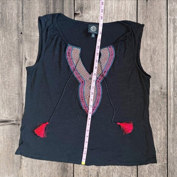 Bobeau Black Sleeveless Tank Top Tunic with Embroidered Design & Tassels Size L - Picture 8 of 11